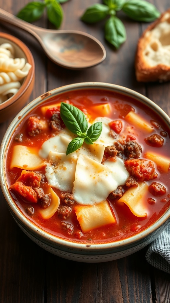 A bowl of cheesy lasagna soup with beef, noodles, and cheese, garnished with basil on a rustic table with bread.